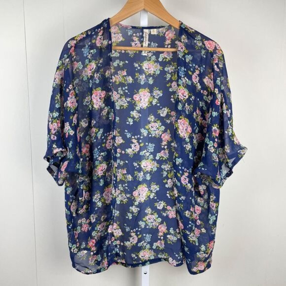 California Gypsy Blue Floral Sheer‎ Kimono Coverup Cardigan Top Womens Large - Picture 1 of 5